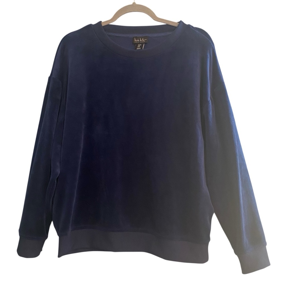 Nicole Miller Velour Velvet Deep Blue Crewneck Sweatshirt Pullover Sz M